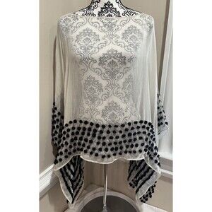 Randi & Will One Size Pom Pom Poncho Blk/White Art To Wear Lagenlook Whimsical
